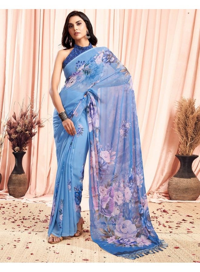 SIRIL Women's Georgette Floral Printed Saree With Unstitched Blouse Piece (3505S115A_Blue) - Image 4