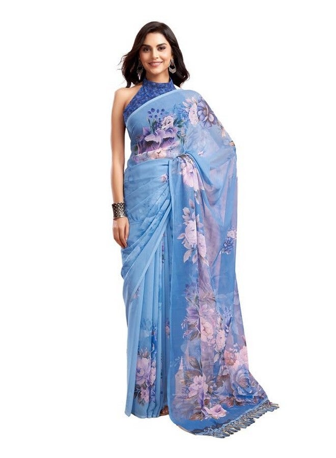 SIRIL Women's Georgette Floral Printed Saree With Unstitched Blouse Piece (3505S115A_Blue) - Image 1