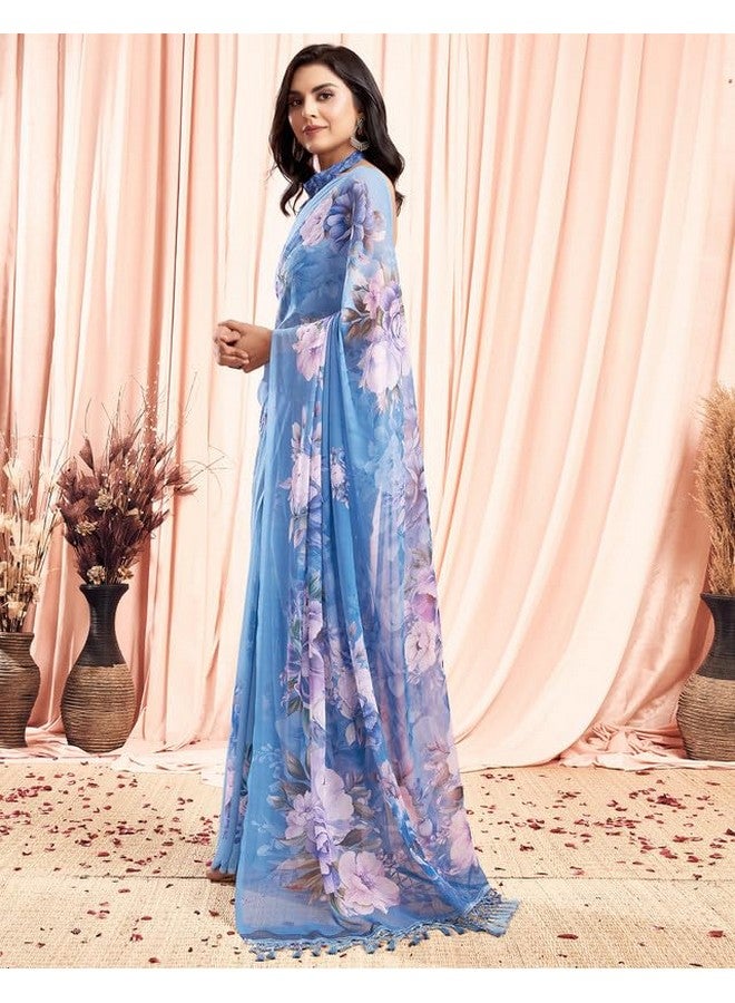 SIRIL Women's Georgette Floral Printed Saree With Unstitched Blouse Piece (3505S115A_Blue) - Image 2