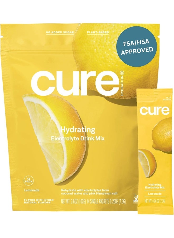 CURE HYDRATION MIX CURE HYDRATION MIX | Plant-Based Electrolyte Drink | No Added Sugar | Relief Powder Made with Coconut Water | Non-GMO | Vegan | FSA & HSA | Pouch of 14 Packets - Lemonade  - Image 1