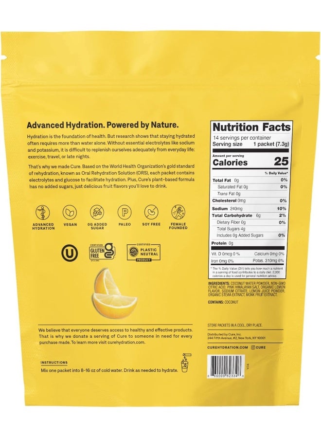 CURE HYDRATION MIX CURE HYDRATION MIX | Plant-Based Electrolyte Drink | No Added Sugar | Relief Powder Made with Coconut Water | Non-GMO | Vegan | FSA & HSA | Pouch of 14 Packets - Lemonade  - Image 2