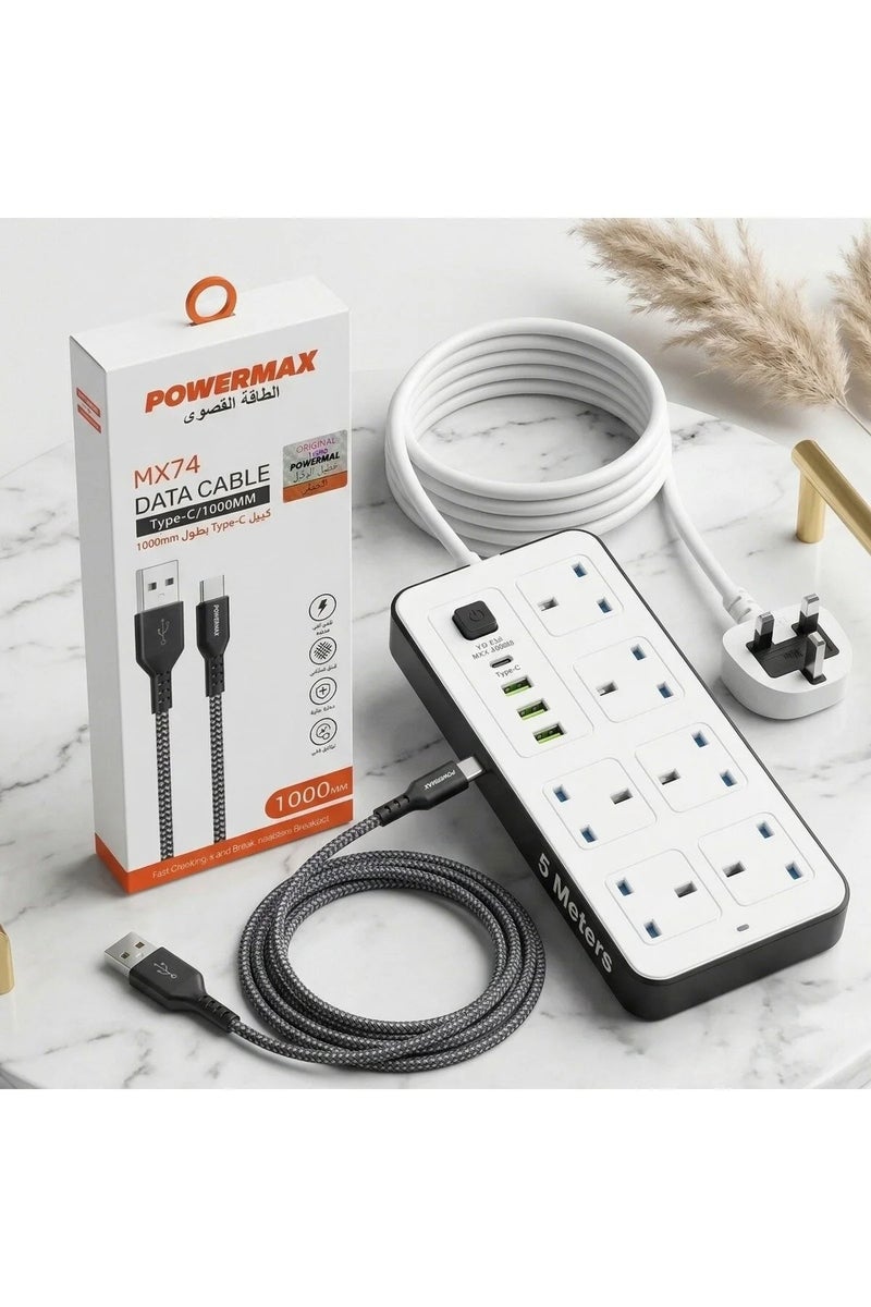PowerMax 5m Power Strip (6 AC + USB) & Cloth Type-C Cable MX74 Fabric Cable Bundle. - Image 2