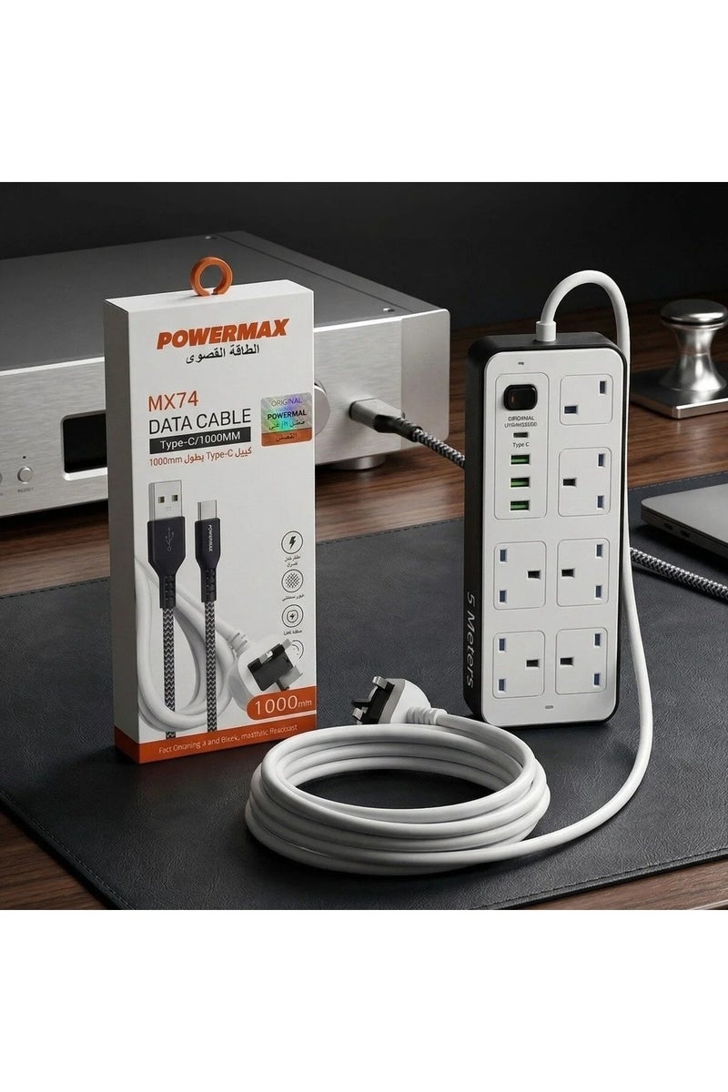 PowerMax 5m Power Strip (6 AC + USB) & Cloth Type-C Cable MX74 Fabric Cable Bundle. - Image 4