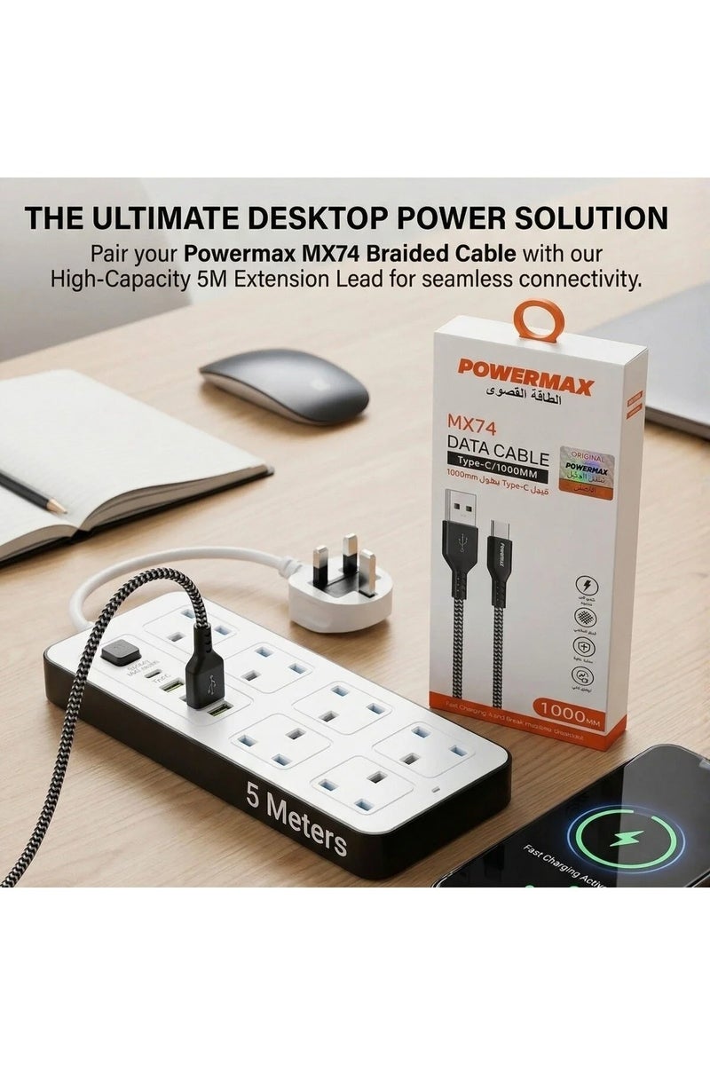 PowerMax 5m Power Strip (6 AC + USB) & Cloth Type-C Cable MX74 Fabric Cable Bundle. - Image 3