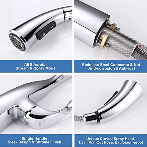 WOWOW Kitchen Faucet with Pull Down Sprayer, Pull Down Faucet with Dual Function Sprayer, Single-Handle Rv Utility Sink Faucets Kitchen, Leak Free Elegant Gooseneck Chrome Bar Sink Cold Water Faucets - Image 5
