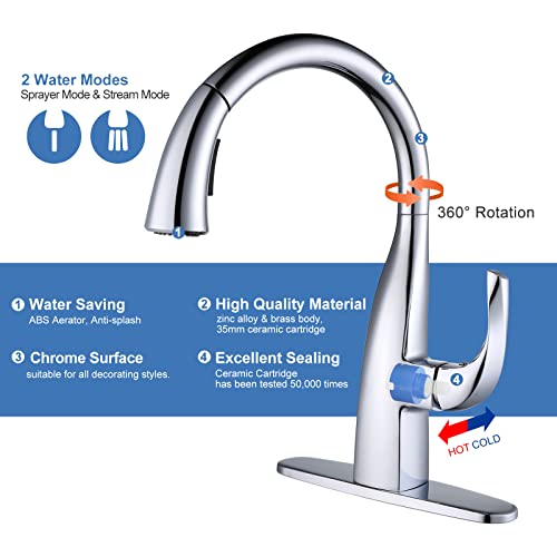 WOWOW Kitchen Faucet with Pull Down Sprayer, Pull Down Faucet with Dual Function Sprayer, Single-Handle Rv Utility Sink Faucets Kitchen, Leak Free Elegant Gooseneck Chrome Bar Sink Cold Water Faucets - Image 4