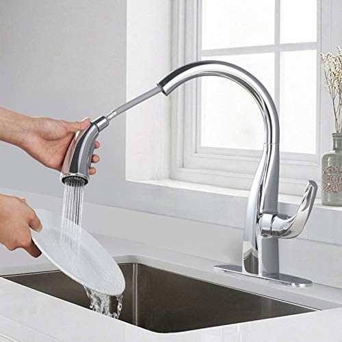 WOWOW Kitchen Faucet with Pull Down Sprayer, Pull Down Faucet with Dual Function Sprayer, Single-Handle Rv Utility Sink Faucets Kitchen, Leak Free Elegant Gooseneck Chrome Bar Sink Cold Water Faucets - Image 3