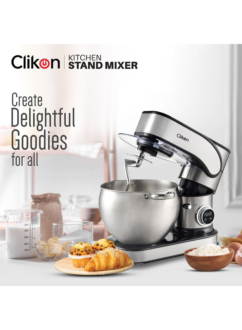 Clikon Professional 10Ltr Stainless Steel Stand Mixer 2000W With 12 Speed Settings+Eject & Turbo Function And Dough Hook, Beater, Whisk Attachments 10 L 2000 W CK1200 Silver - Image 2