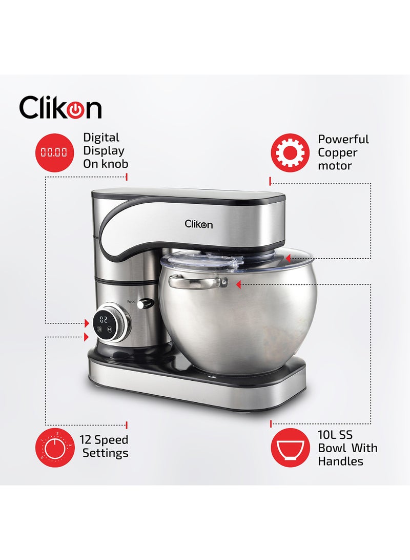 Clikon Professional 10Ltr Stainless Steel Stand Mixer 2000W With 12 Speed Settings+Eject & Turbo Function And Dough Hook, Beater, Whisk Attachments 10 L 2000 W CK1200 Silver - Image 3