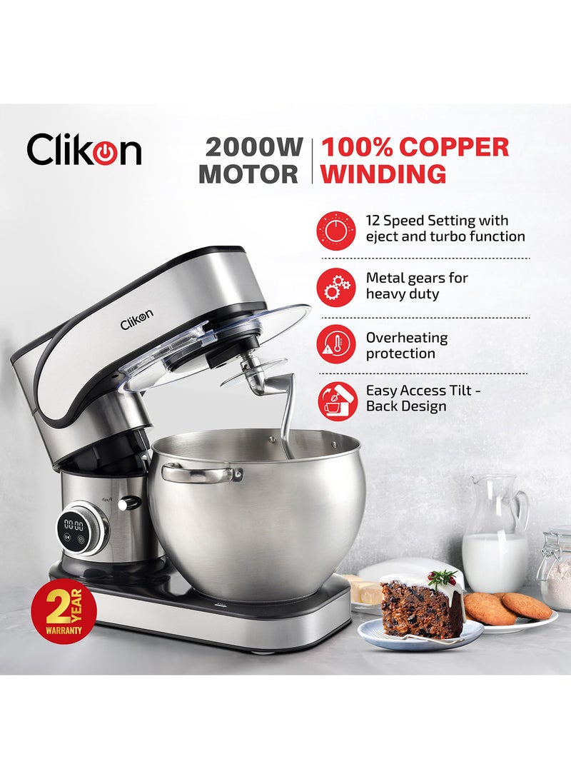 Clikon Professional 10Ltr Stainless Steel Stand Mixer 2000W With 12 Speed Settings+Eject & Turbo Function And Dough Hook, Beater, Whisk Attachments 10 L 2000 W CK1200 Silver - Image 4