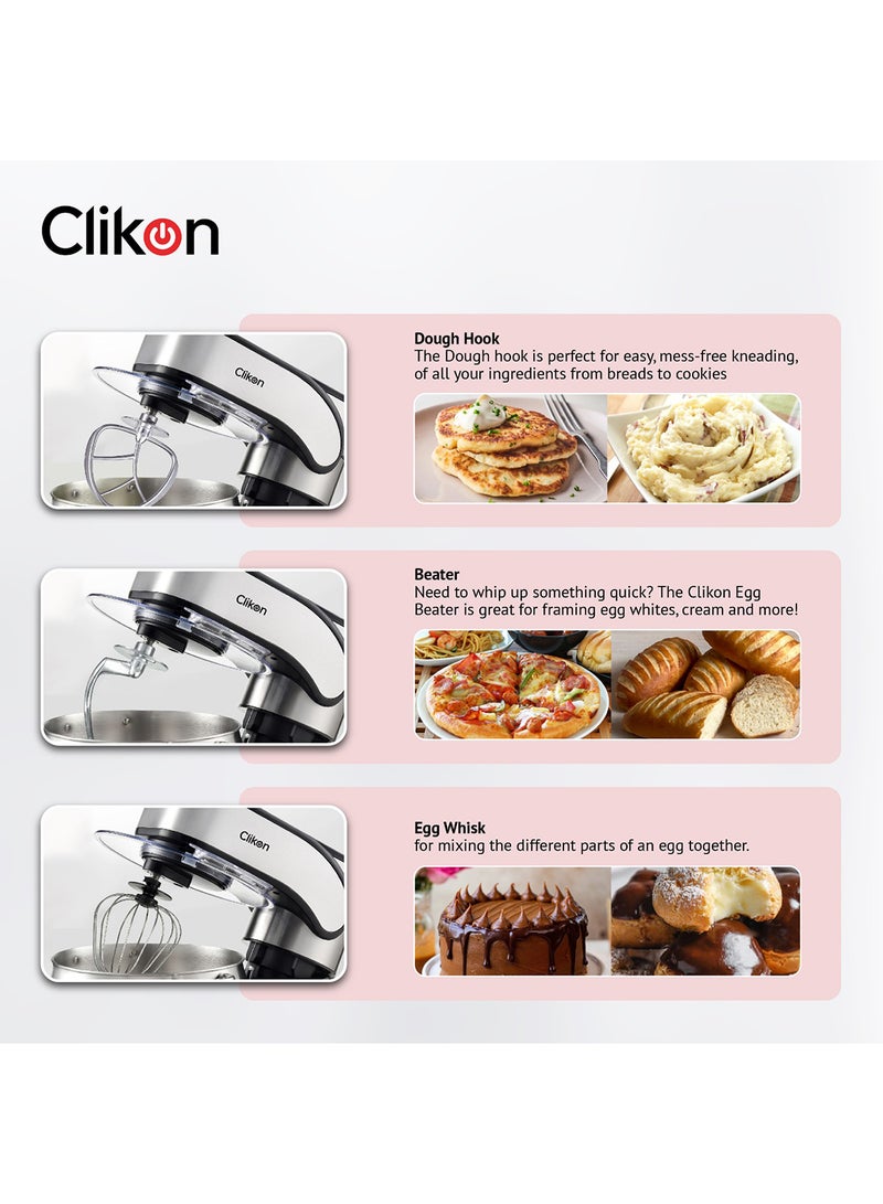 Clikon Professional 10Ltr Stainless Steel Stand Mixer 2000W With 12 Speed Settings+Eject & Turbo Function And Dough Hook, Beater, Whisk Attachments 10 L 2000 W CK1200 Silver - Image 5