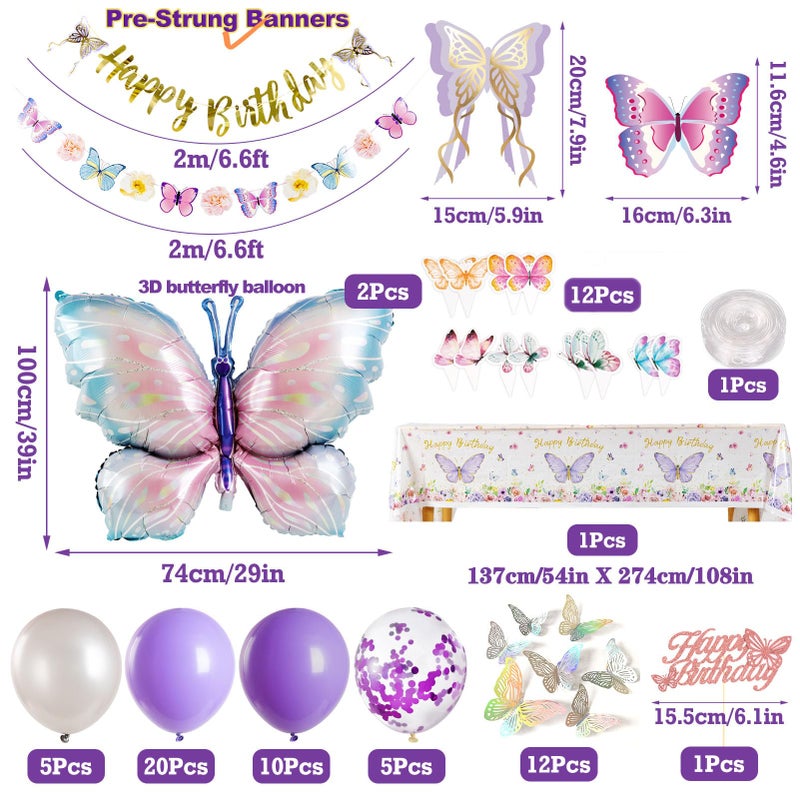 Homarkable Butterfly Birthday Decoration, Purple Party Decorations with Balloons for Girls, Happy Birthday Banner, Butterfly 3D Stickers, Tablecloth - Image 2
