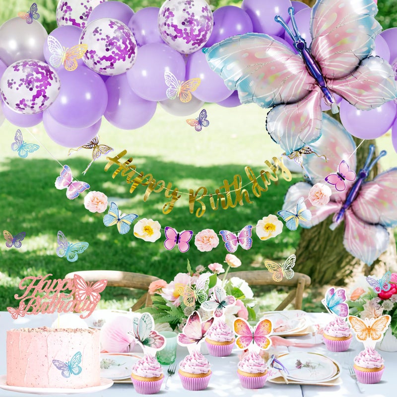 Homarkable Butterfly Birthday Decoration, Purple Party Decorations with Balloons for Girls, Happy Birthday Banner, Butterfly 3D Stickers, Tablecloth - Image 4