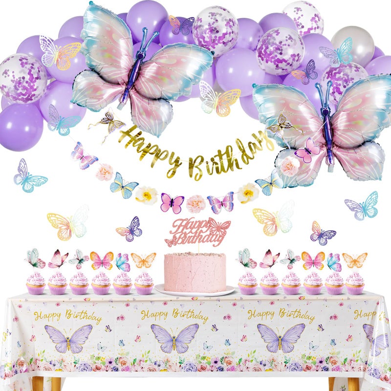 Homarkable Butterfly Birthday Decoration, Purple Party Decorations with Balloons for Girls, Happy Birthday Banner, Butterfly 3D Stickers, Tablecloth - Image 1