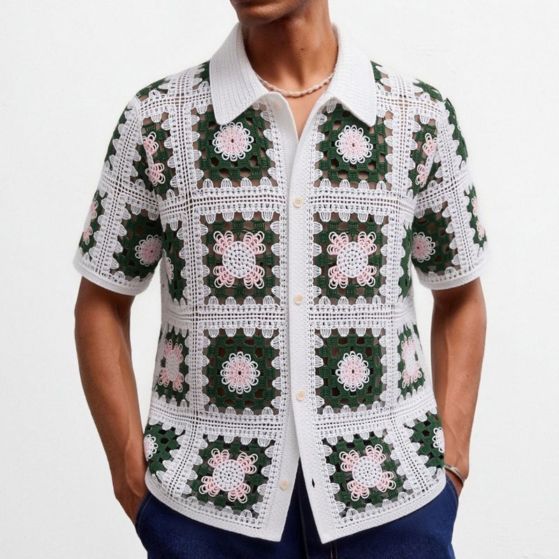 Men's Knitted Cardigan Summer Handmade Crochet Short Sleeve Vacation Polo Shirt - Image 2