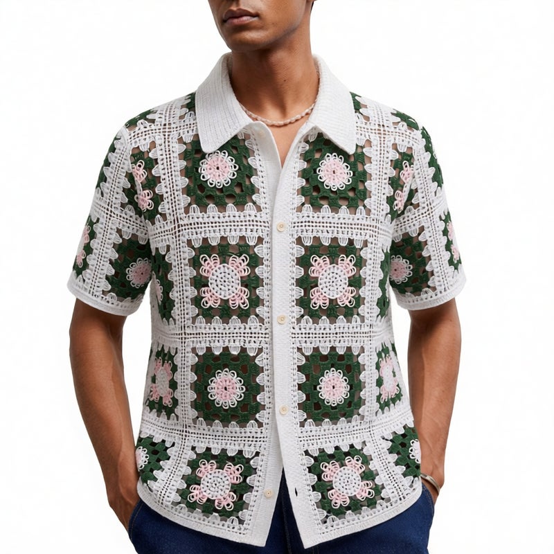 Men's Knitted Cardigan Summer Handmade Crochet Short Sleeve Vacation Polo Shirt - Image 1
