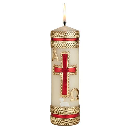 Needzo Catholic Paschal Easter Candle Alpha Omega Unscented Pillar Candles for Mass Baptism Confirmation Lent Holy Week Church Supplies or Home Decoration 8 Inches