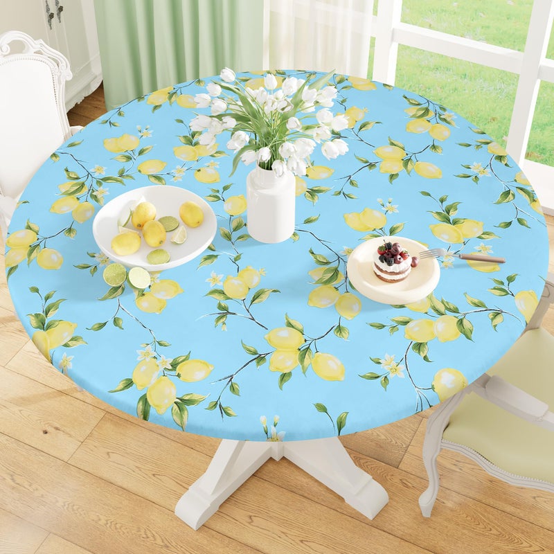 misaya Round Fitted Tablecloth with Elastic Edge, 100% Waterproof Oil Proof Plastic Table Cover, Vinyl Flannel Backed Tablecloth Fits 36"-44" Round Tables for Easter, Dinner, Outdoor, Picnic, Lemon - Image 1