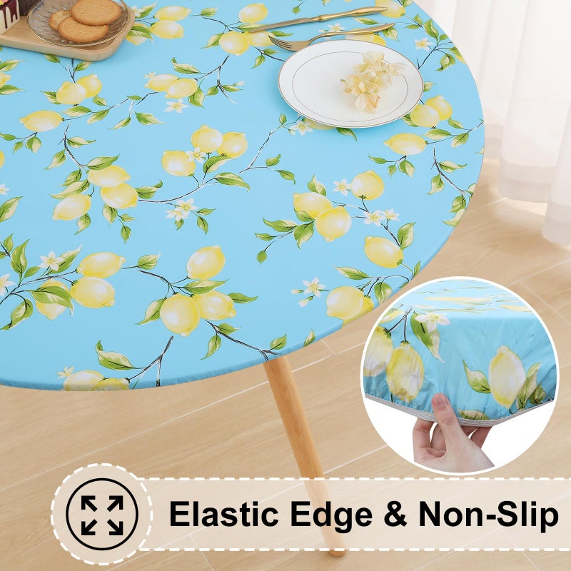 misaya Round Fitted Tablecloth with Elastic Edge, 100% Waterproof Oil Proof Plastic Table Cover, Vinyl Flannel Backed Tablecloth Fits 36"-44" Round Tables for Easter, Dinner, Outdoor, Picnic, Lemon - Image 2