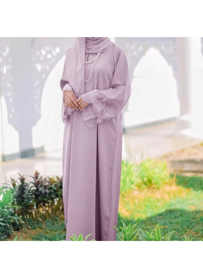 2 قطعة - فستان روب نسائي بلون صلب مع التطريز الزهري وحواف من الدانتيل مع غطاء رأس مطابق - Image 4