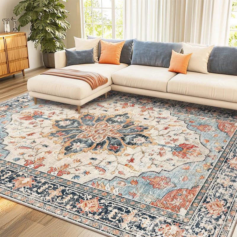 RELEANY سجاد RELEANY بمساحة 8'x10' قابل للغسل وغير قابل للانزلاق، نمط طباعة زهور عتيق متآكل بسجادة ميدالية لغرفة المعيشة وغرفة النوم وغرفة الطعام، بيج أزرق بحري برتقالي ملون - Image 1