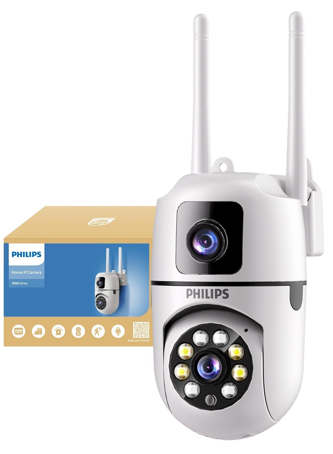 Philips 360° Dual-Lens Bullet & Dome Security Camera, Wall-Mount 1080P HD, AI-Enhanced Video, WiFi Human Motion Detection, Two-Way Audio Talk, Color Night Vision, Indoor/Outdoor Surveillance, Dual-User App Control, Wireless Home/Yard/Store Monitoring