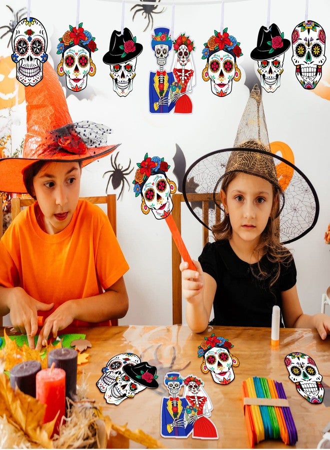Funrous 25 Sets Day of The Dead Sugar Skull Decorations Dia De Los Muertos Crafts DIY Colorful Skeleton Halloween Skull Hanging Ornament with Rope for Halloween Mexican Party Decorations Supplies - Image 5