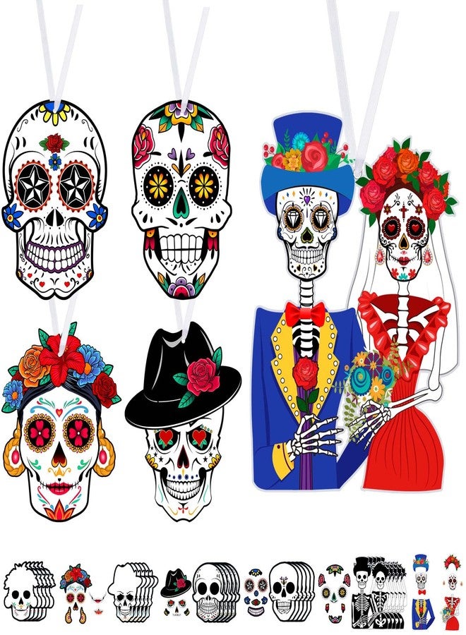 Funrous 25 Sets Day of The Dead Sugar Skull Decorations Dia De Los Muertos Crafts DIY Colorful Skeleton Halloween Skull Hanging Ornament with Rope for Halloween Mexican Party Decorations Supplies - Image 1