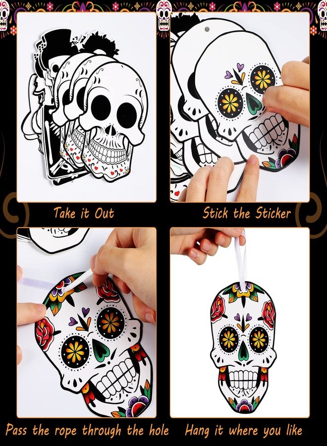 Funrous 25 Sets Day of The Dead Sugar Skull Decorations Dia De Los Muertos Crafts DIY Colorful Skeleton Halloween Skull Hanging Ornament with Rope for Halloween Mexican Party Decorations Supplies - Image 3