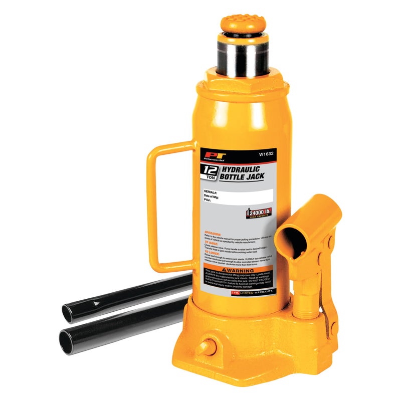 Performance Tool W1632 12 Ton 24000 lbs Heavy Duty Hydraulic Bottle Jack Yellow