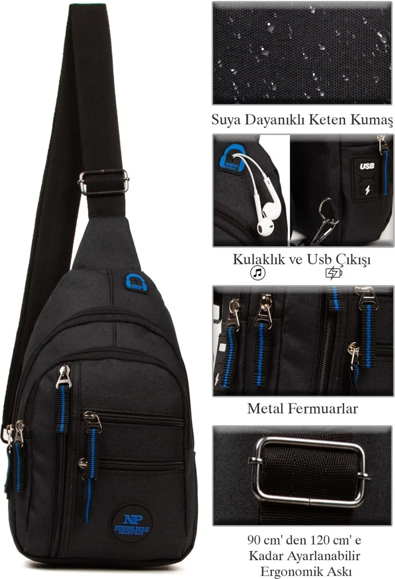 Avca Av A Dos Black Water Resistant Linen Waist Shoulder Bag with USB Headphone Output Daily Bodybag