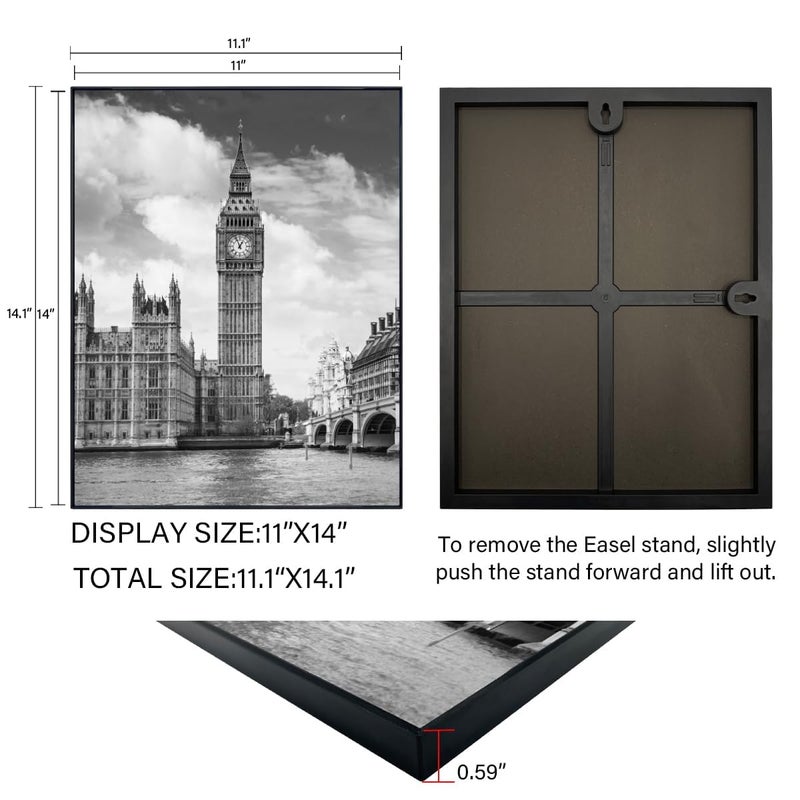 GOmaize Front Loading Black Picture Frame 11x14 Set of 3 Wall and Table Mounting - Image 3