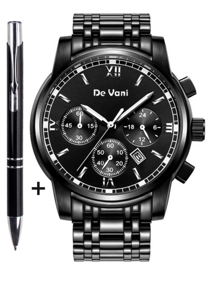 دي فاني ساعة يد للرجال من دي فاني ستانلس ستيل أنالوج بعقارب مع قلم هدية - Image 1