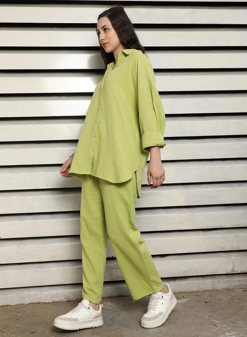 هاي ستار Women's Green 100% Cotton Solid Pattern Button Down Upperwear Full Length Chinos Dad Fit Co-Ords