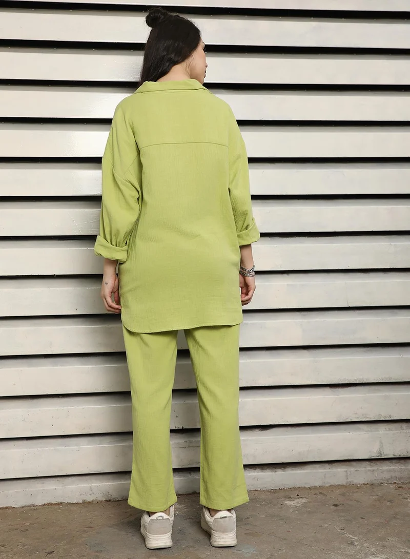 هاي ستار Women's Green 100% Cotton Solid Pattern Button Down Upperwear Full Length Chinos Dad Fit Co-Ords