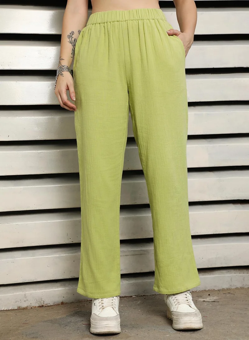هاي ستار Women's Green 100% Cotton Solid Pattern Button Down Upperwear Full Length Chinos Dad Fit Co-Ords