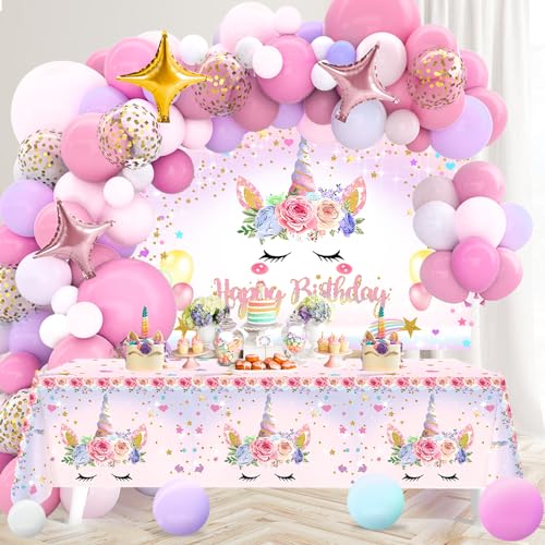 Netnology Unicorn Birthday Decorations for Girls118pcs Unicorn Theme Party Decorations with Balloon Garland Arch Kit Backdrop and Tablecloth for Girls Women Birthday Party SuppliesPink - Image 1