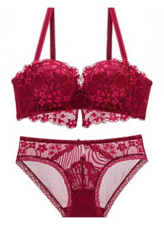 Comfy Solid Color 1/2 Cup Thick Cup Lace Bra And Panty Set Red