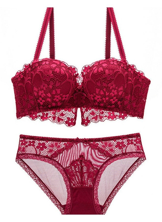 Loquat - Comfy Solid Color 1/2 Cup Thick Cup Lace Bra And Panty Set Red - Image 1