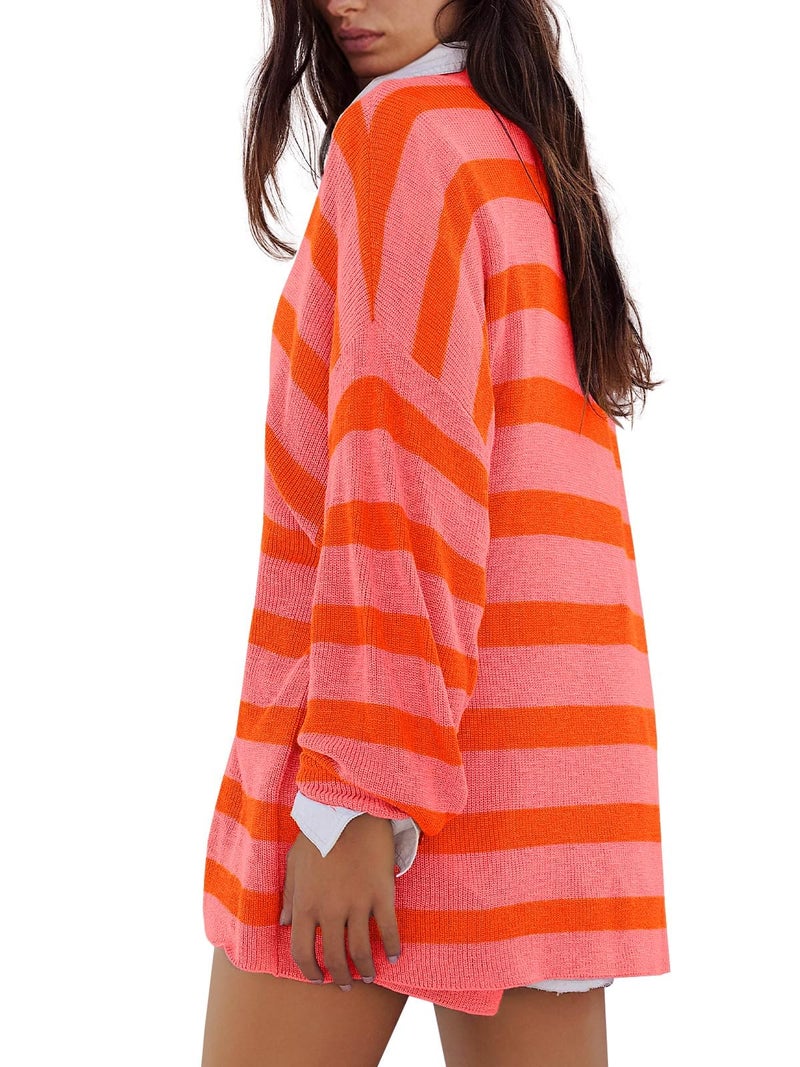 Panadila Womens Striped Sweater Set Oversized Lounge Sets Matching Pajamas Long Sleeve Sweater Top and Shorts (Orange Pink,Large) - Image 3