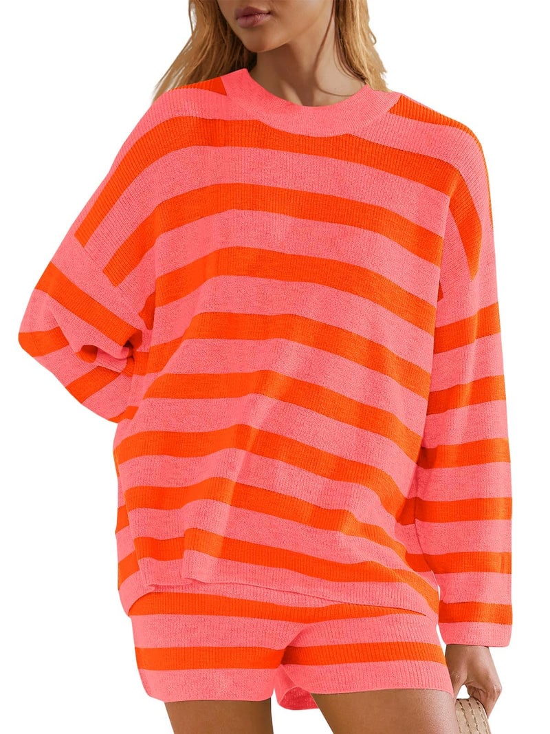 Panadila Womens Striped Sweater Set Oversized Lounge Sets Matching Pajamas Long Sleeve Sweater Top and Shorts (Orange Pink,Large) - Image 2