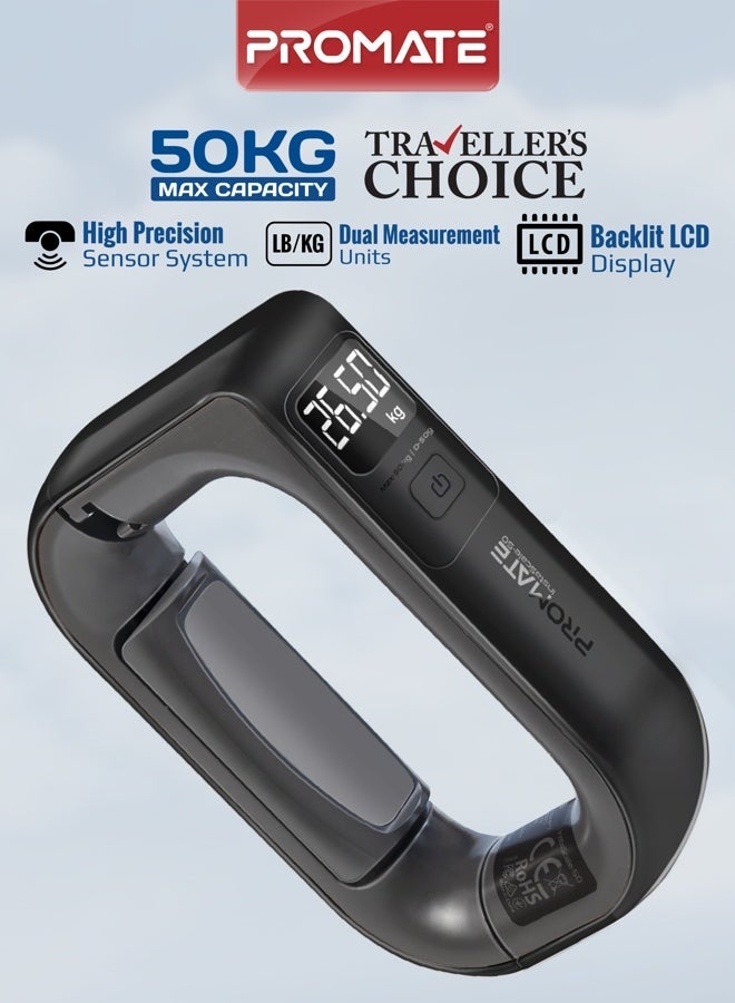 Promate InstaScale-50 Digital Luggage Scale 50kg Max Capacity, High Precision 50g Increments, Backlit LCD Display, Dual Units (kg/lb), Ergonomic Grip, Compact Travel Weighing Tool Black - Image 1