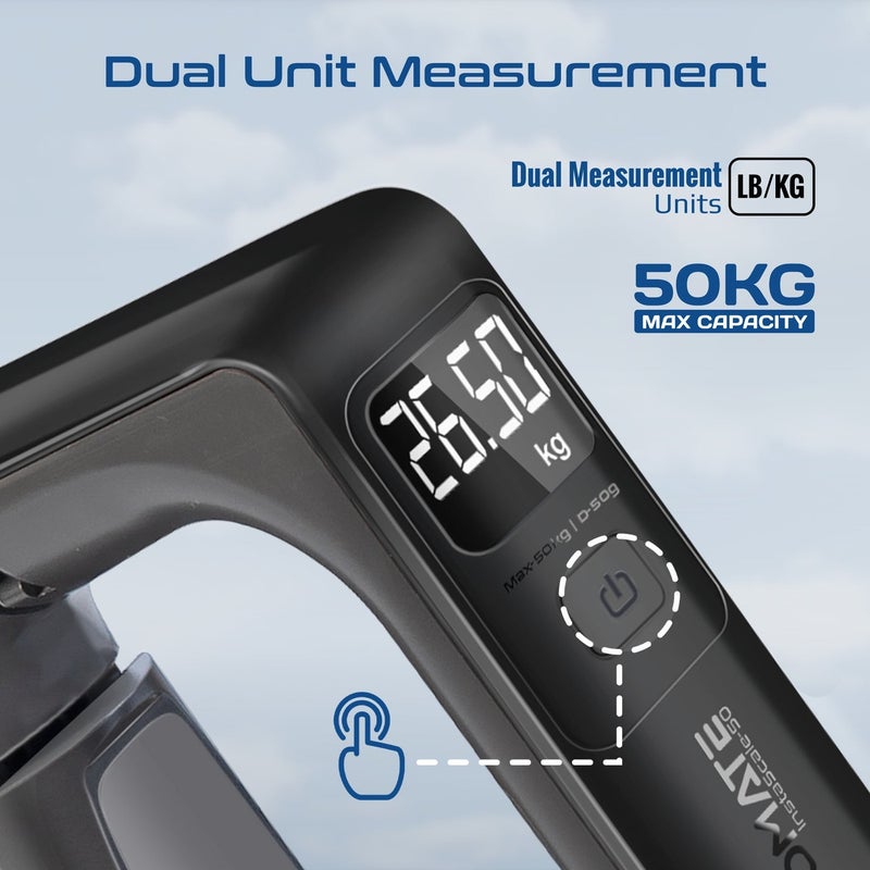 Promate InstaScale-50 Digital Luggage Scale 50kg Max Capacity, High Precision 50g Increments, Backlit LCD Display, Dual Units (kg/lb), Ergonomic Grip, Compact Travel Weighing Tool Black - Image 5
