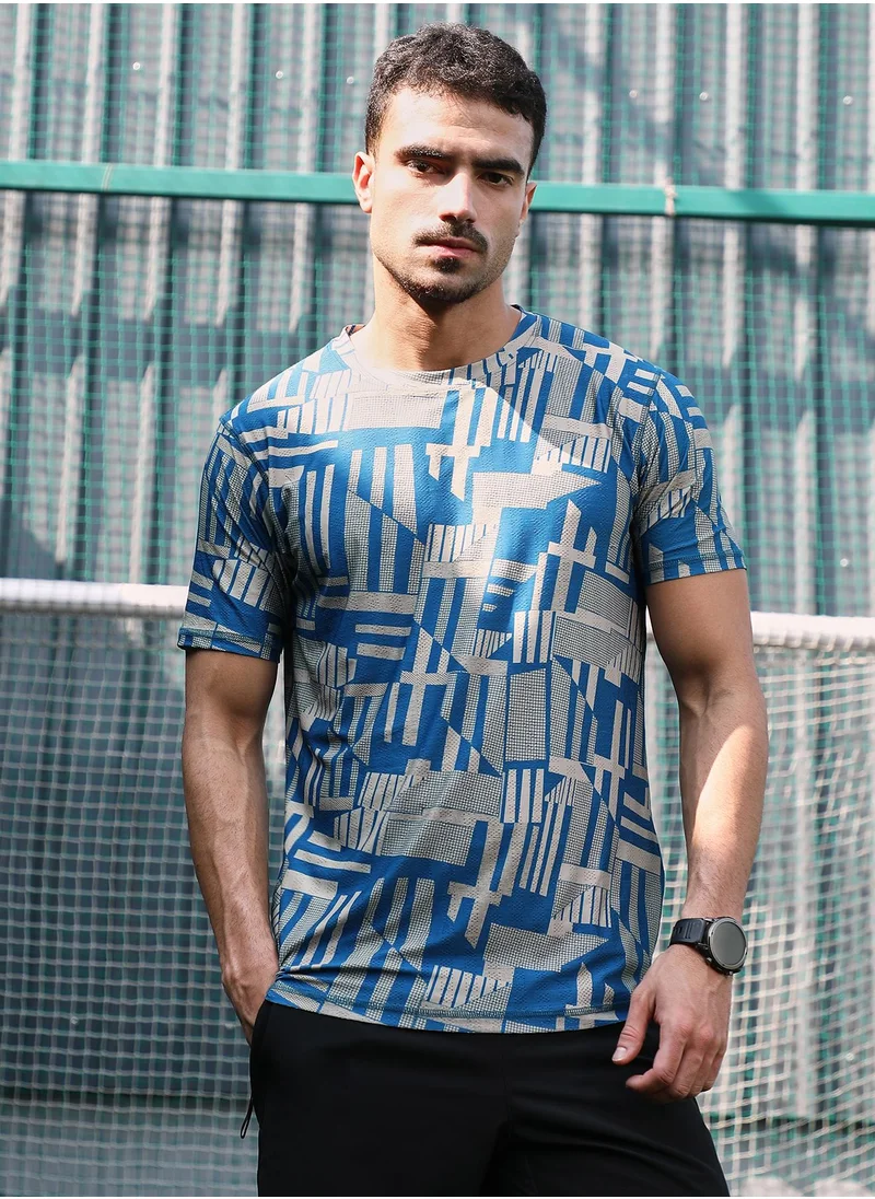 Campus Sutra Campus Sutra Men's Sky Blue Abstract-Bloc Activewear T-Shirt For Casual Wear | Crew Neck | Short Sleeves | Jersey T-Shirt Crafted With Comfort Fit For Everyday Wear