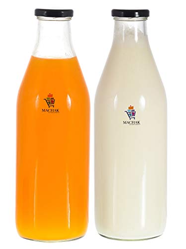 Machak Glass Bottle Set For Water Milk with Air Tight Cap, 1 Litre, Black (2 Pieces) - Image 1