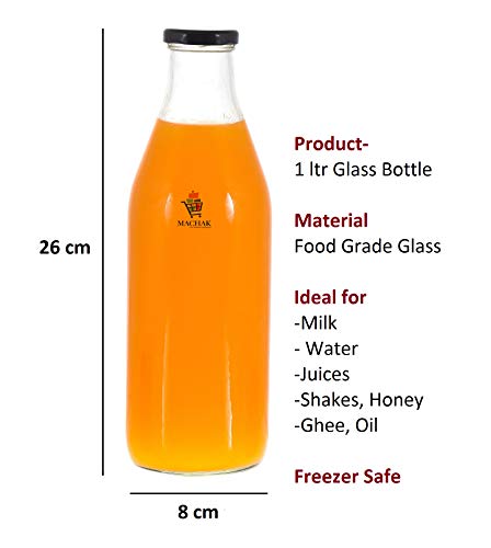 Machak Glass Bottle Set For Water Milk with Air Tight Cap, 1 Litre, Black (2 Pieces) - Image 2