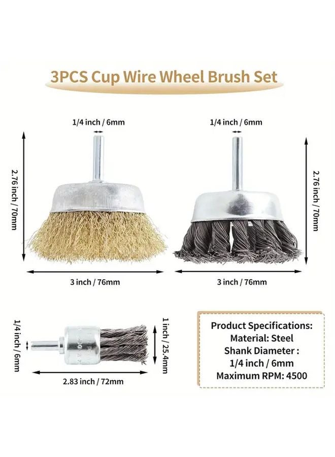 3pcs 3 Inch Carbon Steel Knotted Cup Brush Brass Coated Crimped Wire Drill Brush Set - Image 3