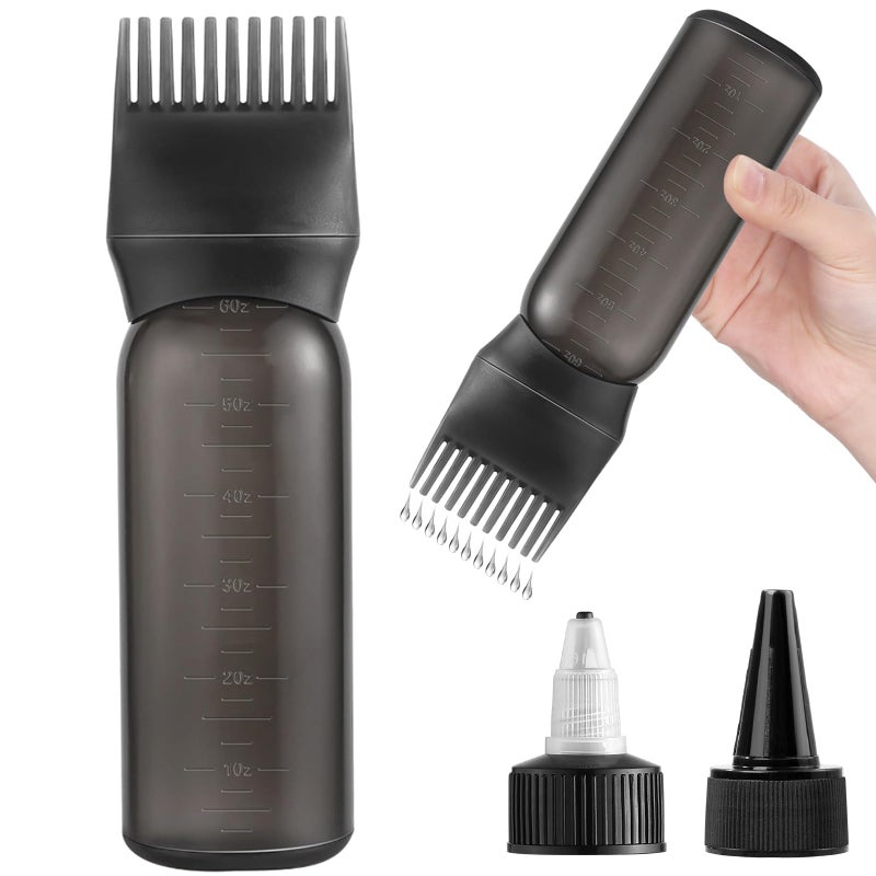 FXSPLCZ Root Comb Applicator Bottle Oil Applicator for Hair Dye Hair Oiling Bottle with 2 Types Caps and Graduated Scale, 6 Ounce (Black) - Image 1