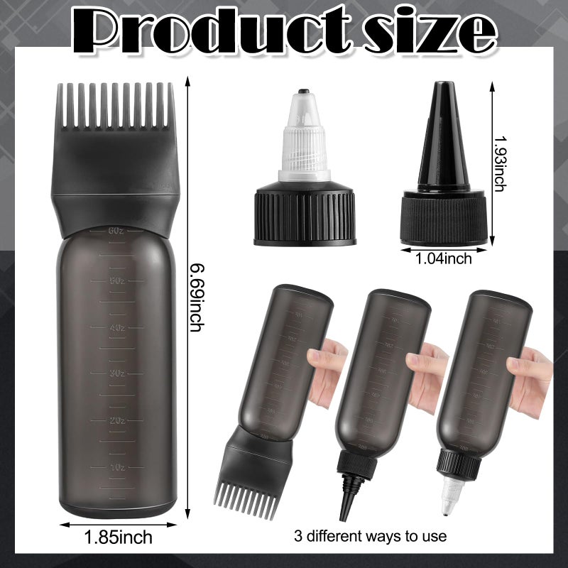 FXSPLCZ Root Comb Applicator Bottle Oil Applicator for Hair Dye Hair Oiling Bottle with 2 Types Caps and Graduated Scale, 6 Ounce (Black) - Image 2