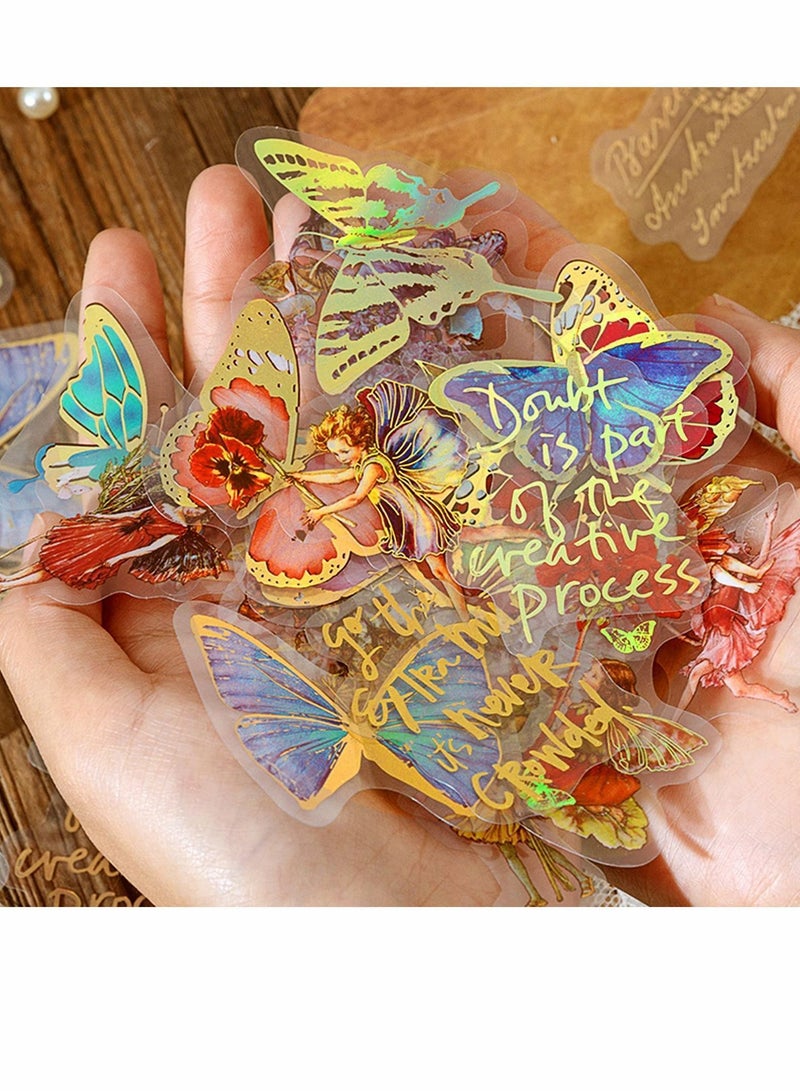 Bronzing Holographic Sticker Set, Gold Foil Transparent Color Waterproof Vintage Sticker, Fairy erfly Flower Pattern for Scrapbook Diary Laptop Water Bottle Decoration (4 Themes, 120 Sheets) - Image 1